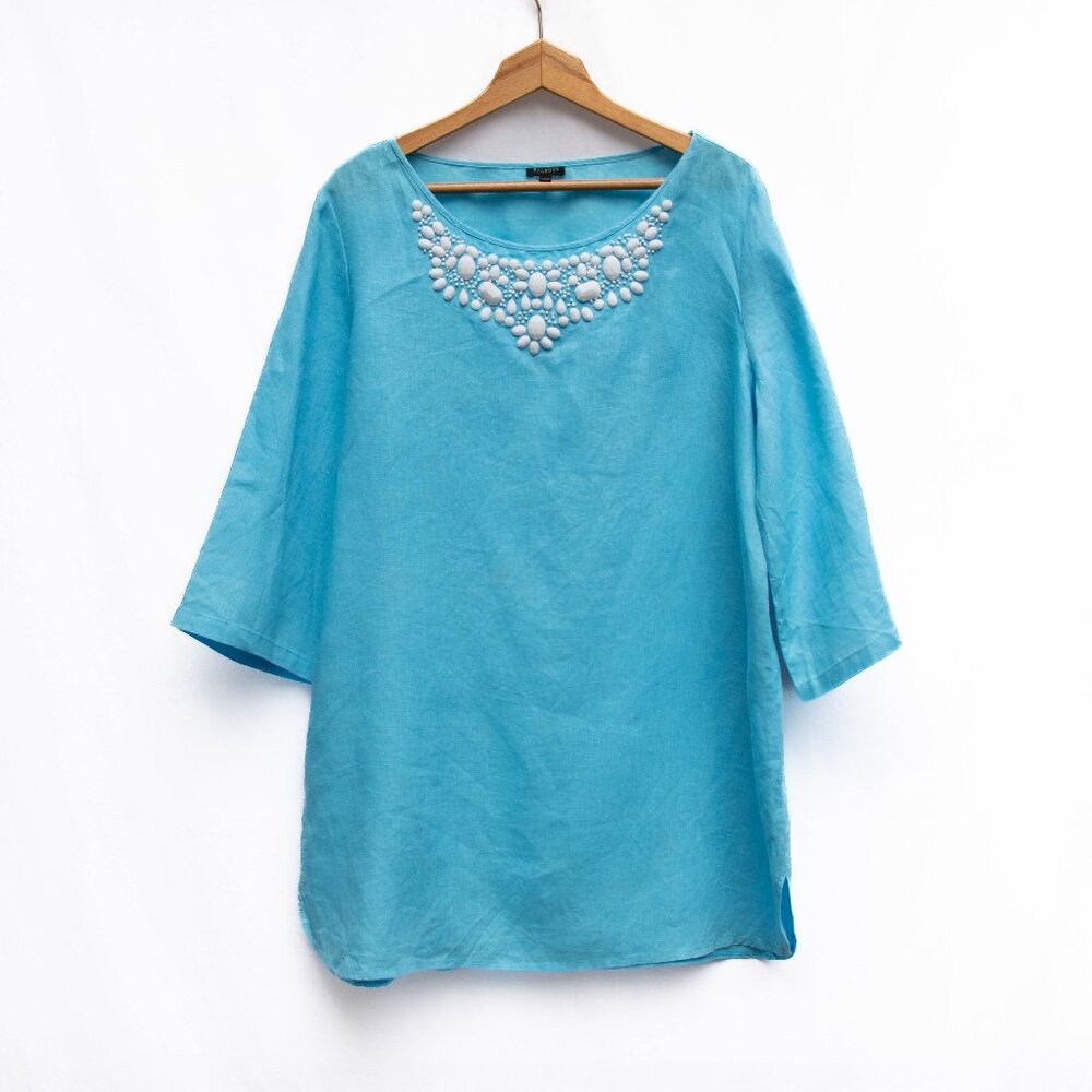 Talbots Linen Boho Tunic Top Popover L‎ Turquoise Beaded Casual Coastal Kaftan